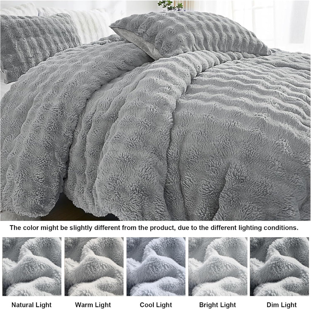 Bedbay Faux Fur Comforter Set King Size Plush Grey Fluffy Comforter Luxury Rabbit Fur Fuzzy Furry Bedding Set 3 Pieces Soft Warm Shaggy Velvet Reversible Quilt Duvet Set for Boys Girls Kids