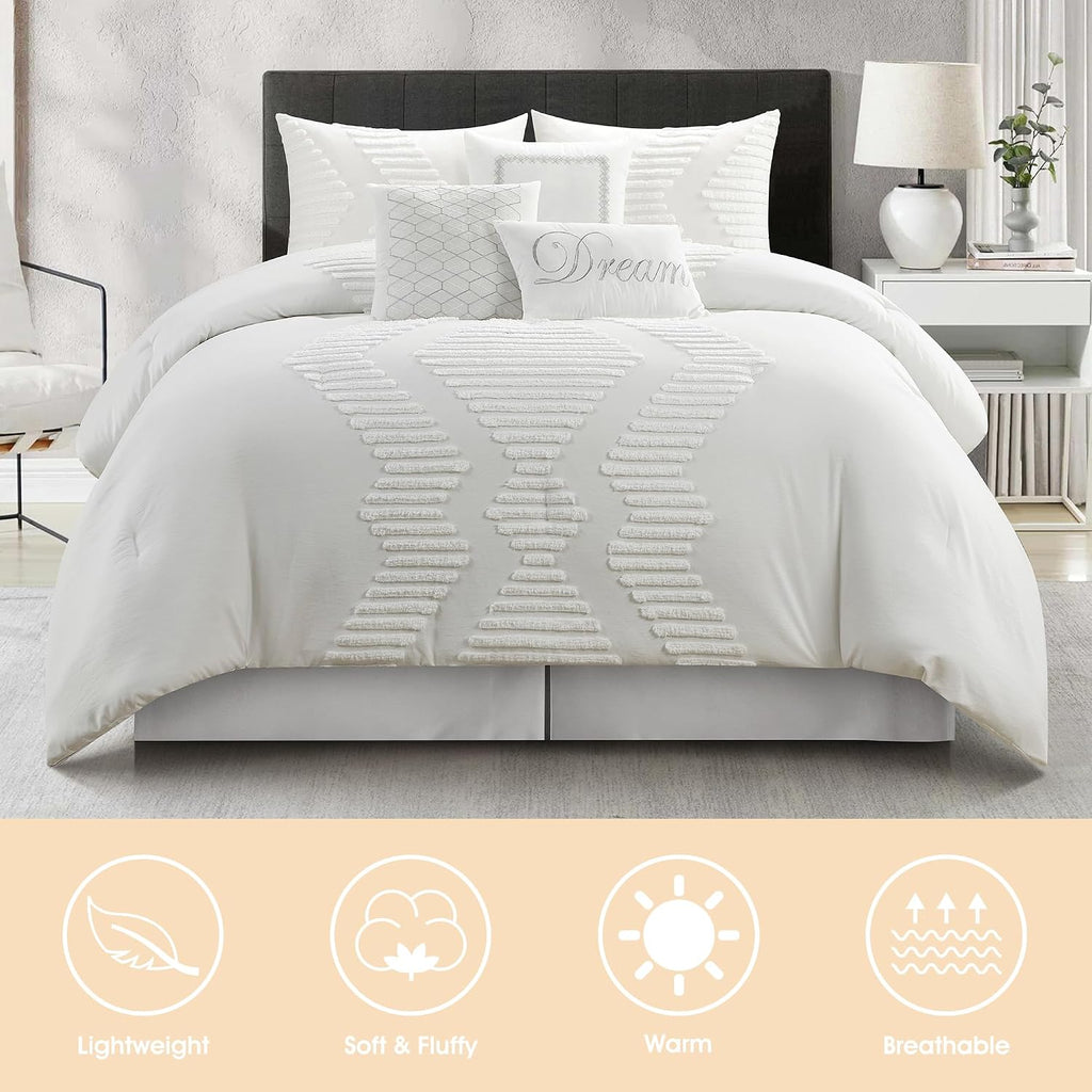 LANCO MODERN LIFESTYLE White Comforter Set 7 Piece, Queen, Tufted Embroidery Geometric, Ultimate Comfort Bedding Set for All Seasons, Bed in a Bag Included Comforter, Bedskirt, Shams and Decor Pillows
