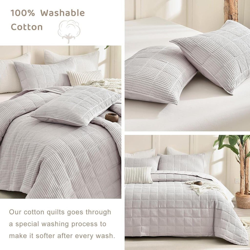 Sanracie Oversized King Quilt (120'x120'), Cotton Oatmeal Colored Waffle Quilt Bedding Set Extra Wide Large Luxury Aesthetic Bedspreads Soft Breathable Bedding Coverlet Sets 3 PCS