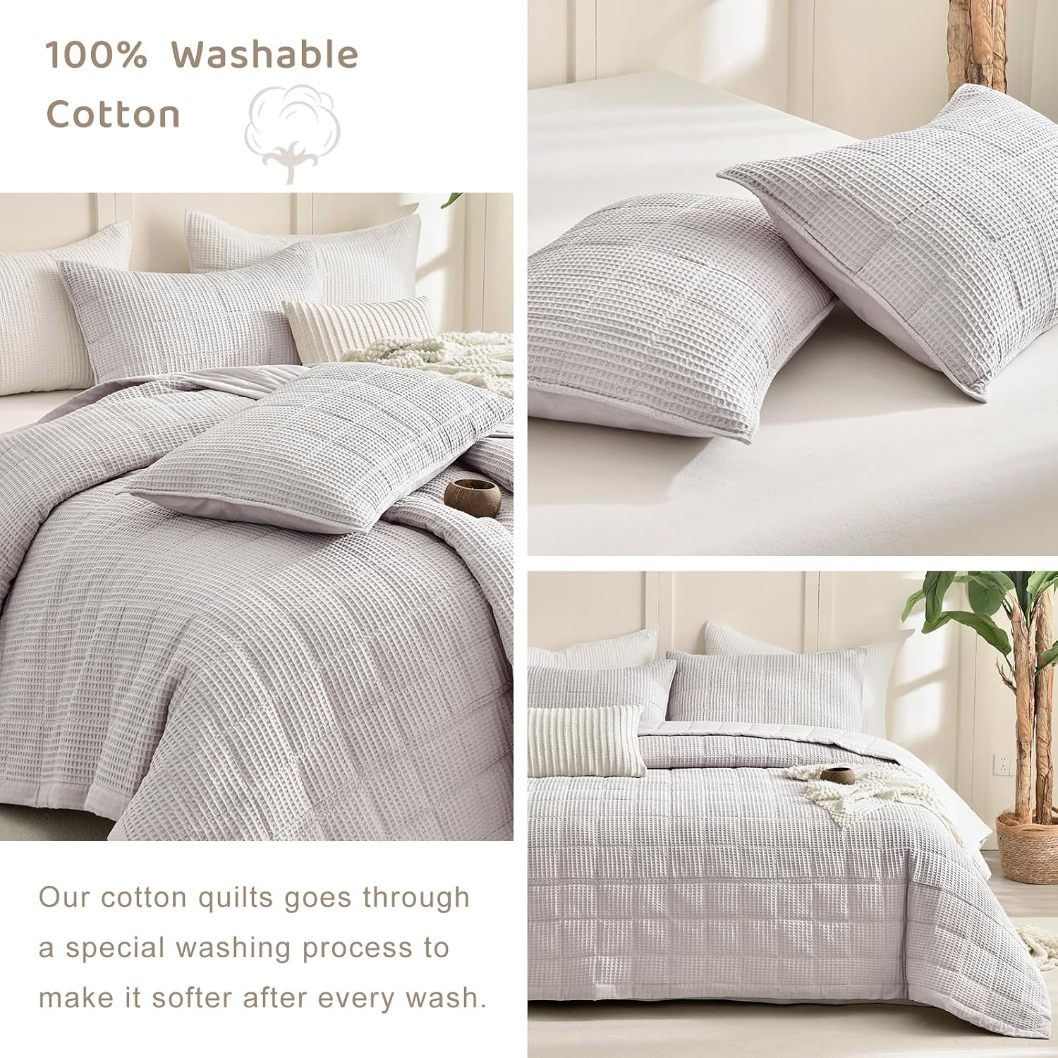 Sanracie Oversized King Quilt (120'x120'), Cotton Oatmeal Colored Waffle Quilt Bedding Set Extra Wide Large Luxury Aesthetic Bedspreads Soft Breathable Bedding Coverlet Sets 3 PCS