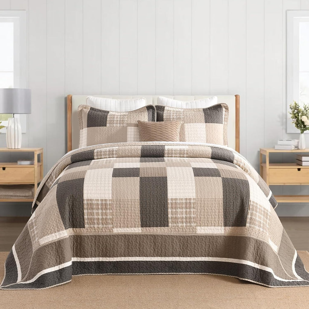 Plaid Bedspread 120'x120' Oversized King Bedspread, 100% Cotton California King Quilt with 2 Pillow Shams, Lightweight Farmhouse Quilted Bedspreads Coverlet Set, Brown/Beige/Cream, 3 Pcs