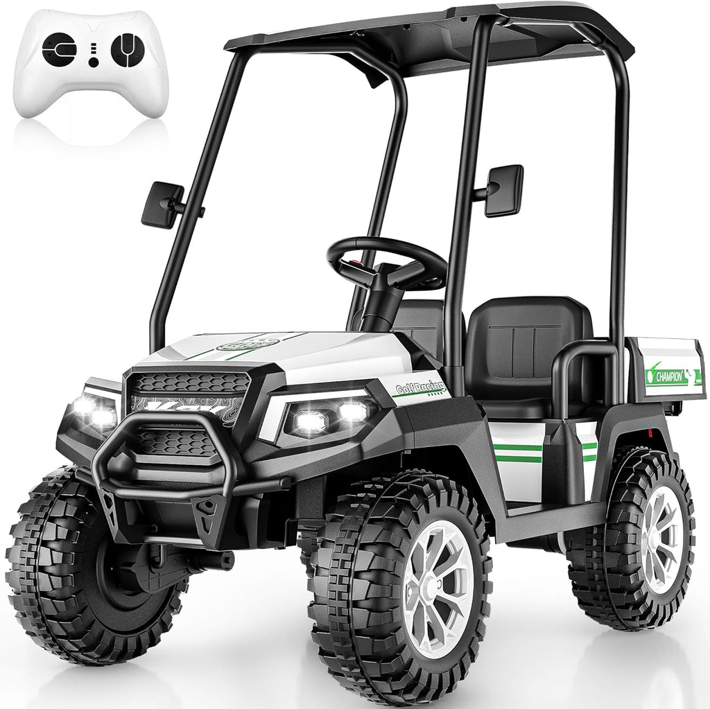 24V Kids Golf Cart w/Detachable Awning–4WD 2 Seater Ride on Car w/Large Storage Trunk, Remote Control, 3 Speeds, Music Player, LED Lights, Ride On Toys, Gift for Kids Ages 3-8(White)
