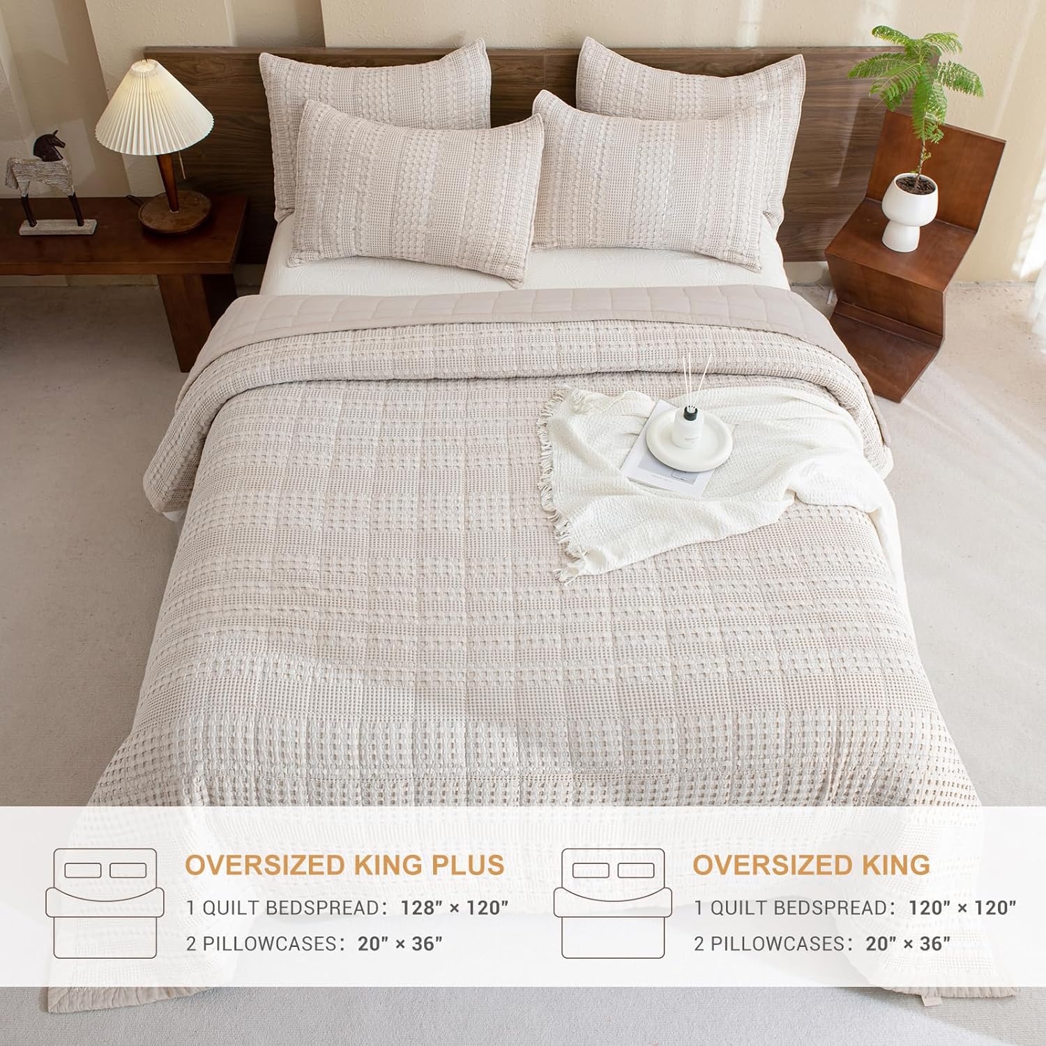 Sanracie Oversized King Quilt (120'x120'), Cotton Oatmeal Colored Waffle Weave Quilted Bedding Set Super Large Soft Bedspread 3Pcs Luxury Aesthetic Coverlet Set for All Season