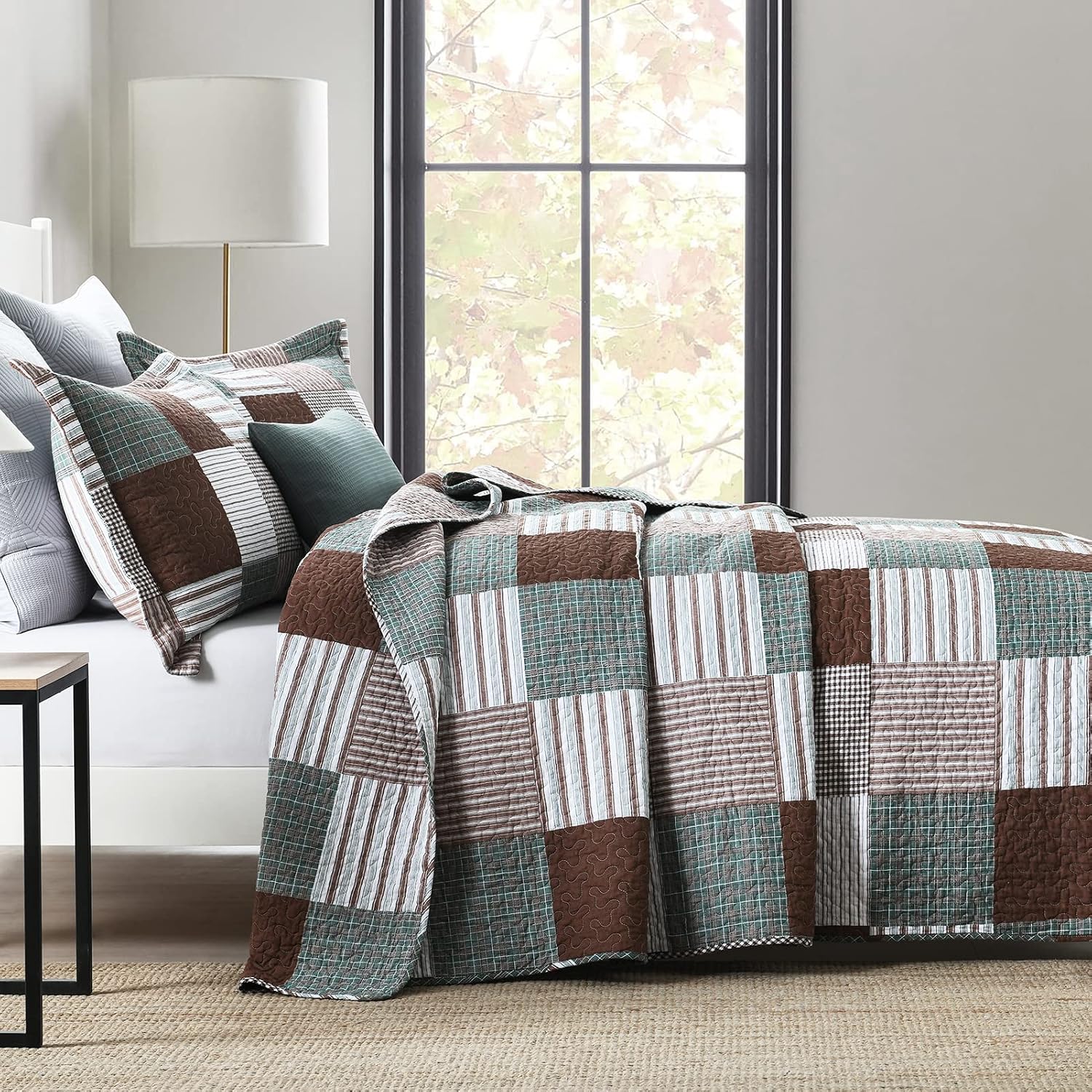 KALOOLA Plaid King Size Quilt Set, 100% Cotton Lightweight Quilted Bedspread with 2 Pillowshams for King Bed, Farmhouse Printed Bedding Set Coverlet for All Season, 3Pcs, Brown/Green