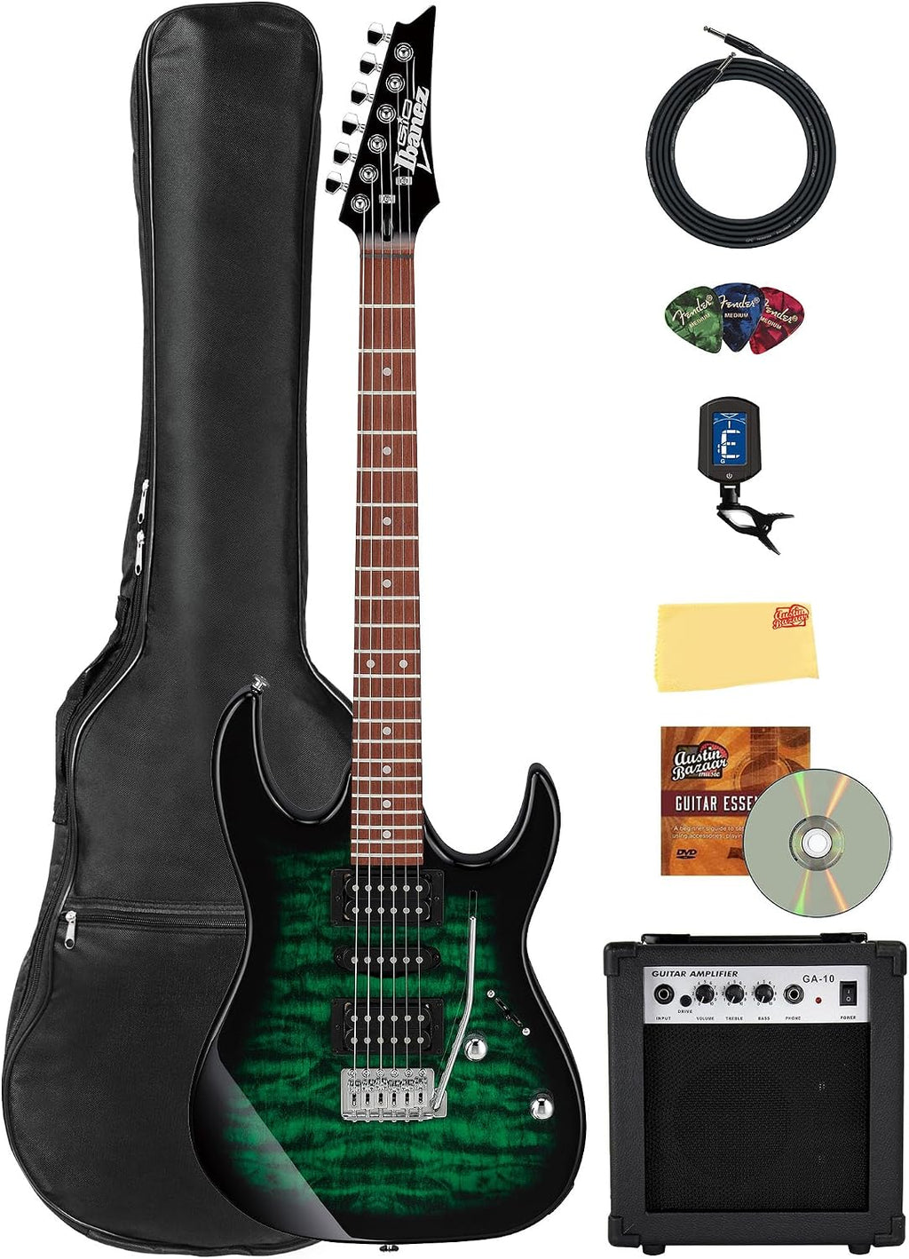 Ibanez GRX70QA RG Gio Electric Guitar - Transparent Emerald Burst Bundle with Amplifer, Gig Bag, Tuner, Instrument Cable, Picks, Austin Bazaar Instructional DVD, and Polishing Cloth