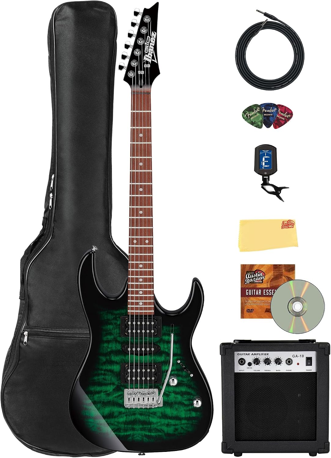 Ibanez GRX70QA RG Gio Electric Guitar - Transparent Emerald Burst Bundle with Amplifer, Gig Bag, Tuner, Instrument Cable, Picks, Austin Bazaar Instructional DVD, and Polishing Cloth