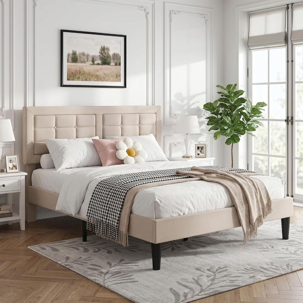 VECELO Full Size Bed Frame, Adjustable Upholstered Button Tufted Headboard, Heavy-Duty Bedframe with Wood Slats Support, No Box Spring Needed, Beige