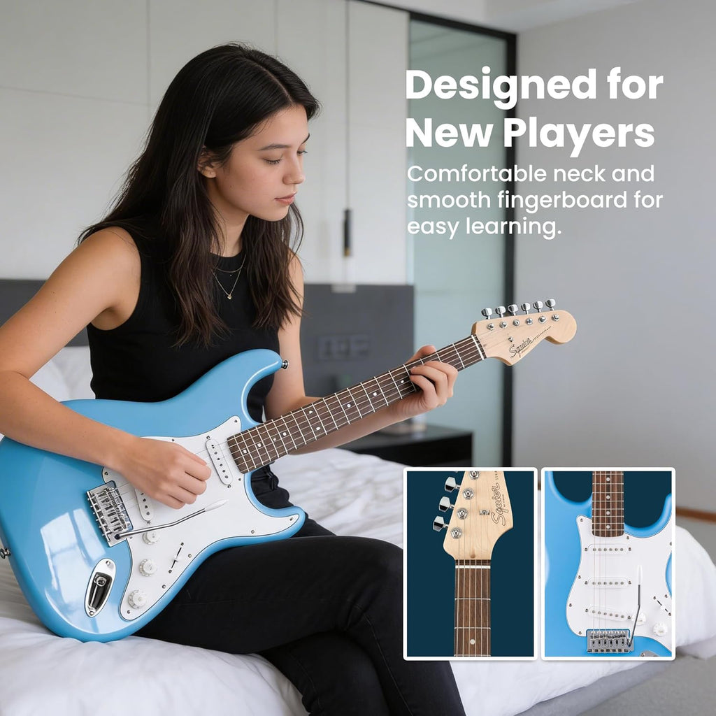 Fender Squier Stratocaster - California Blue Bundle with Amplifier, Gig Bag, Strap, Instrument Cable, Picks, and Austin Bazaar Instructional DVD