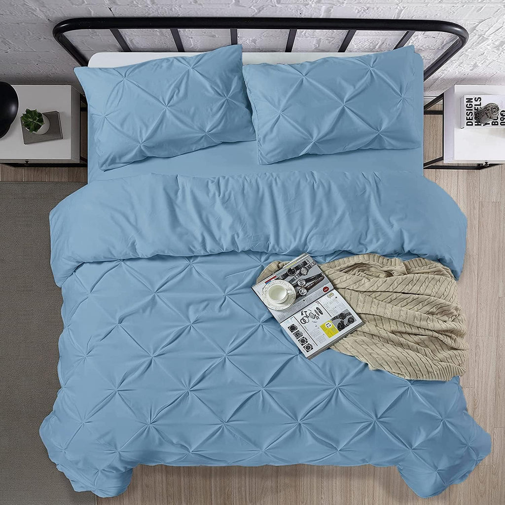 Crown Collection Luxuriate Hotel 1000-TC Hypoallergenic Ultra Soft Design 100% Egyptian Cotton Pinch Plated Duvet Cover with Zipper Colser & 2pcs Pillow Case Set (Oversize 98x120, Light Blue)