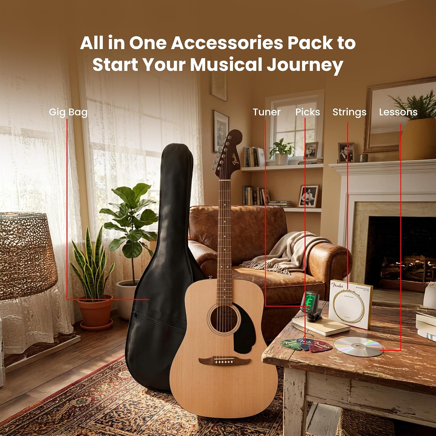 Fender Dreadnought Acoustic Guitar - Natural Bundle with Gig Bag, Tuner, Strings, Picks, and Austin Bazaar Instructional DVD
