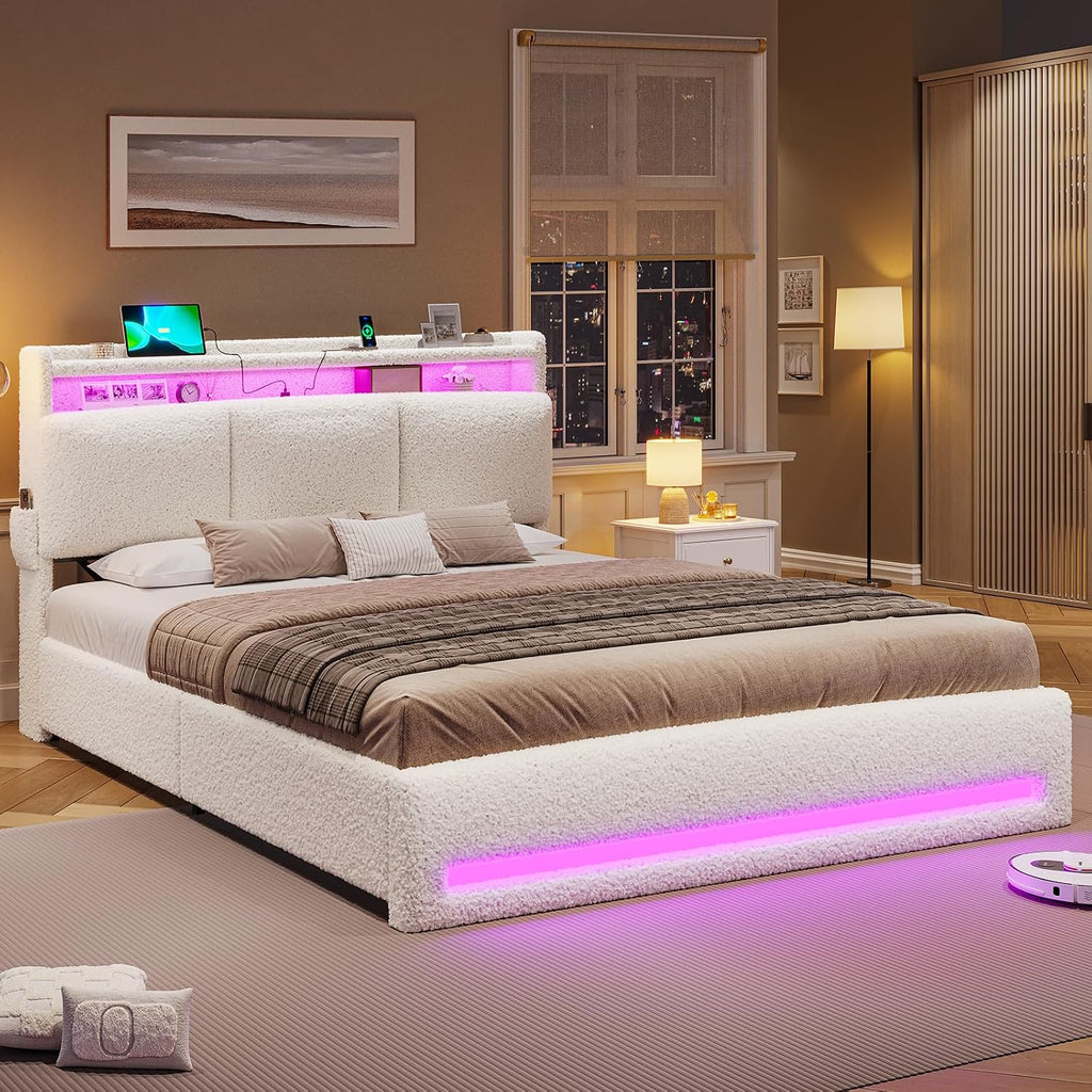 VIAGDO Queen Bed Frame with Storage Headboard and Charging Station, Boucle Upholstered Bed Frame Queen Size with 4 Drawers and LED Lights, Type C and USB, No Box Spring Needed, Cream White