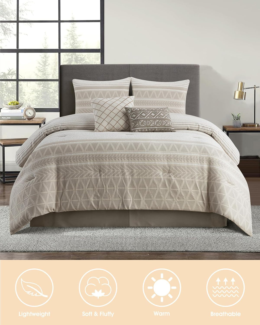 LANCO MODERN LIFESTYLE Cotton Comforter Set King, Gorgeous Geometric Jacquard, Beige Soft Lightweight Bedding Set for All Seasons, Bedskirt, Pillow Shams and Decor Pillows
