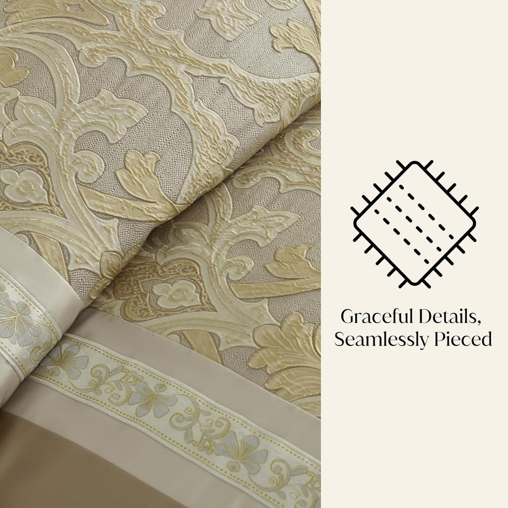 CozyDH Luxury Comforter Set King Size, Champagne Beige - 7 Piece Bed in a Bag Jacquard Vintage Floral Damask, All Season Down Alternative Bedding with Bed Skirt, Shams, Decorative Pillows, 104x90 in