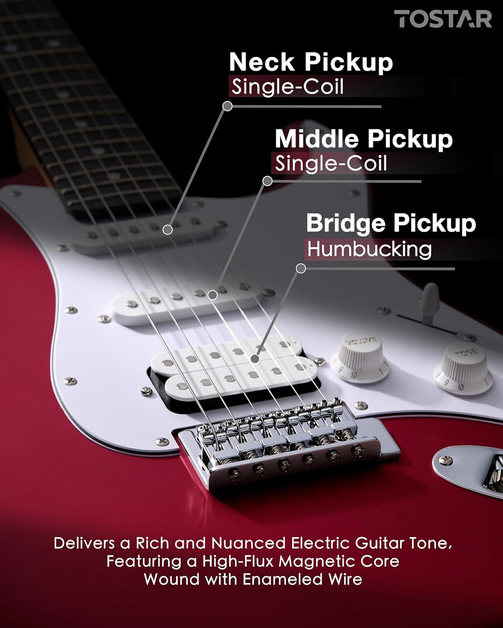 Tostar Electric Guitar Kit with Amp, 39' Full Size 6 String, Lightweight, Rounded Body Design, 5-Way SSH Pickup Switch, 2 Tone & 1 Volume Knobs, Beginner Electric Guitar for Man Woman Candy Apple Red