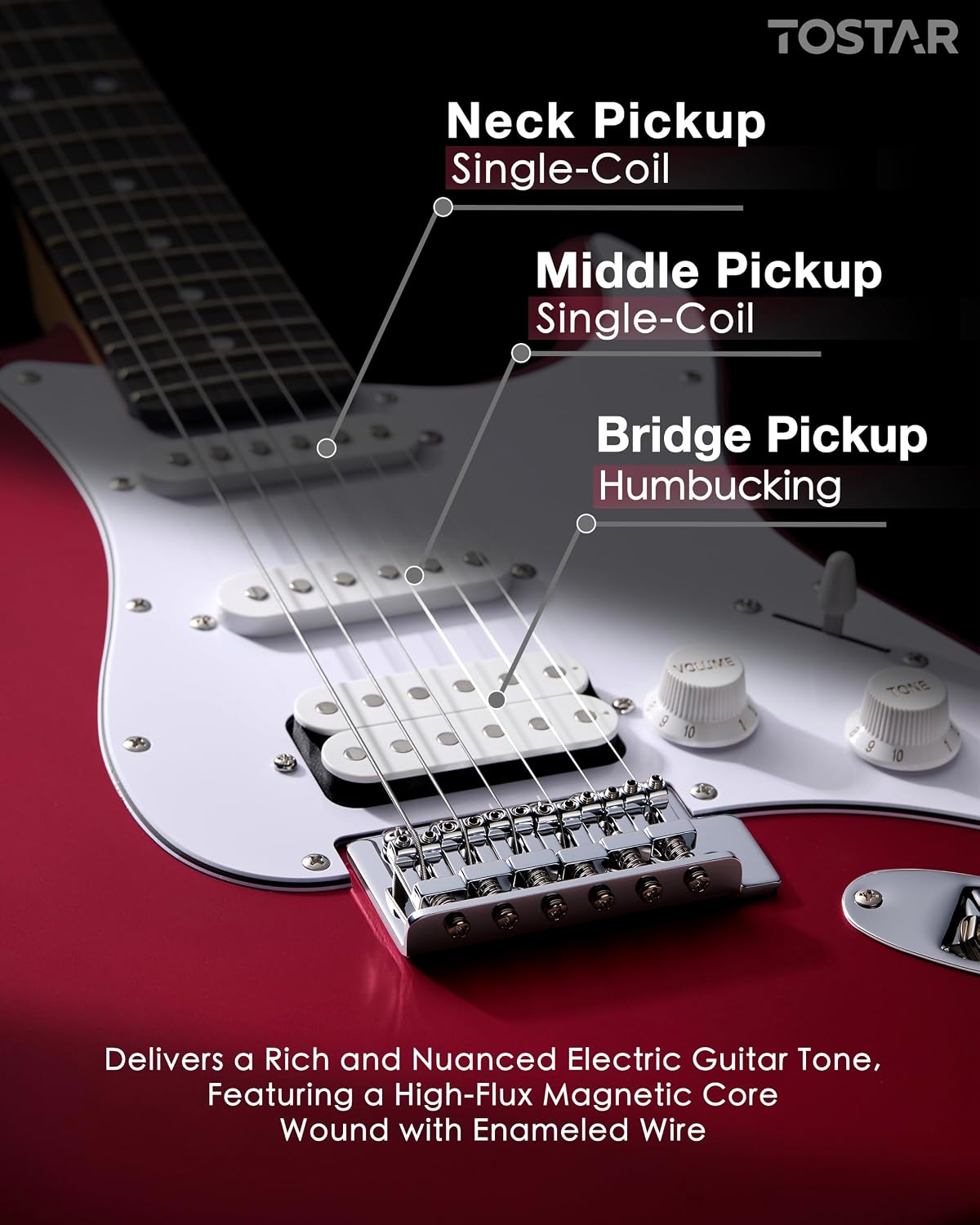Tostar Electric Guitar Kit with Amp, 39' Full Size 6 String, Lightweight, Rounded Body Design, 5-Way SSH Pickup Switch, 2 Tone & 1 Volume Knobs, Beginner Electric Guitar for Man Woman Candy Apple Red