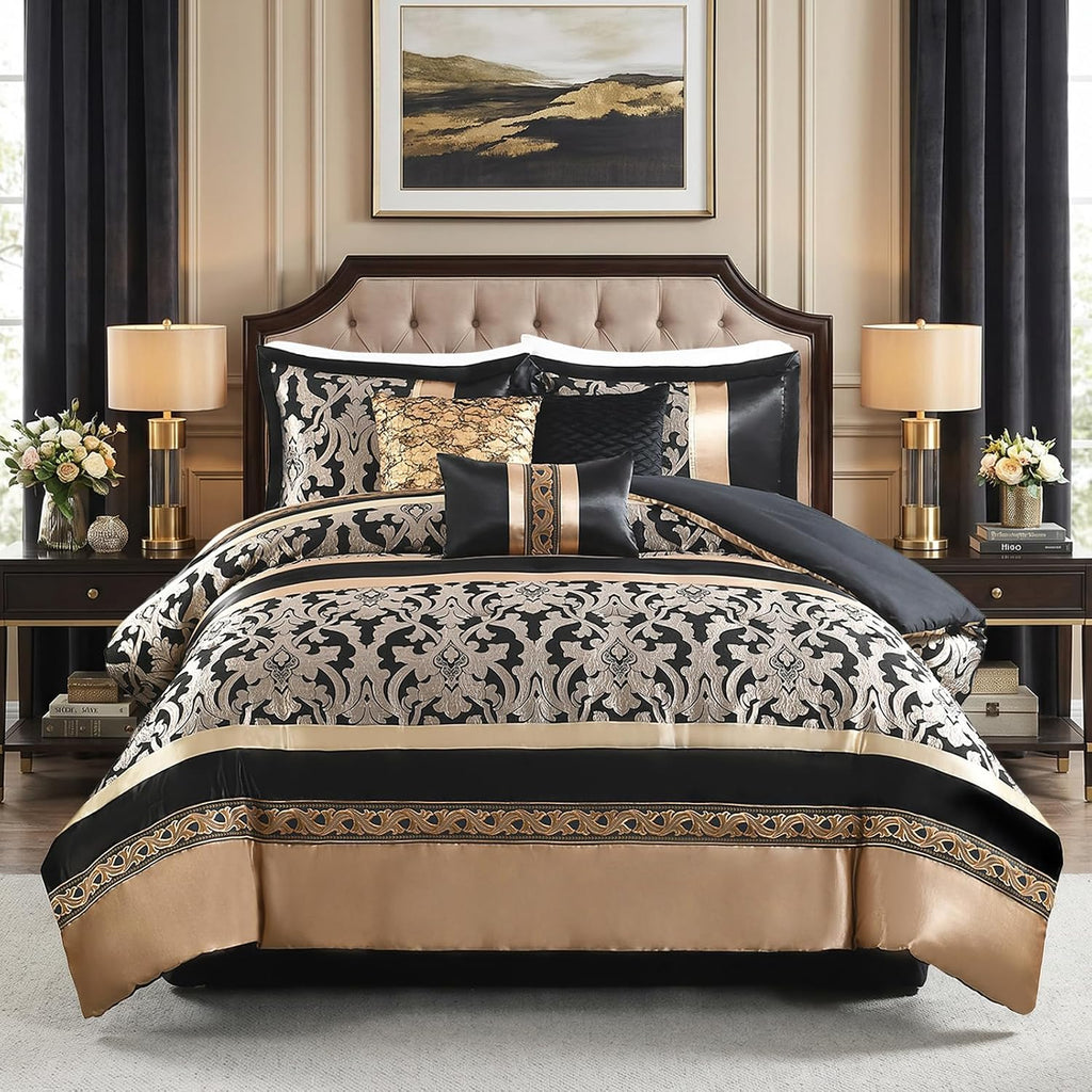 Black and Gold Queen Size Comforter Set,7 Pieces Luxury Silky Elegant Damask Jacquard Fluffy Reversible Bedding for All Season,Matching Bed Skirt, Pillows & Shams