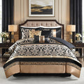 Black and Gold Queen Size Comforter Set,7 Pieces Luxury Silky Elegant Damask Jacquard Fluffy Reversible Bedding for All Season,Matching Bed Skirt, Pillows & Shams