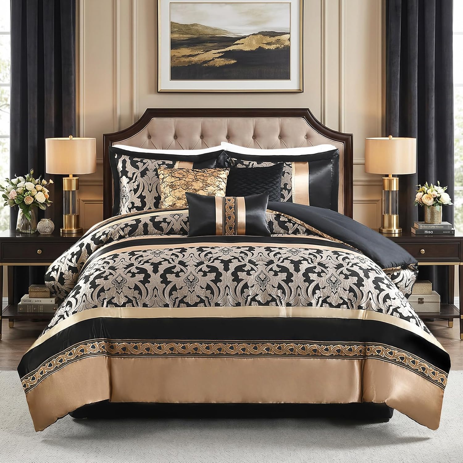 Black and Gold Queen Size Comforter Set,7 Pieces Luxury Silky Elegant Damask Jacquard Fluffy Reversible Bedding for All Season,Matching Bed Skirt, Pillows & Shams