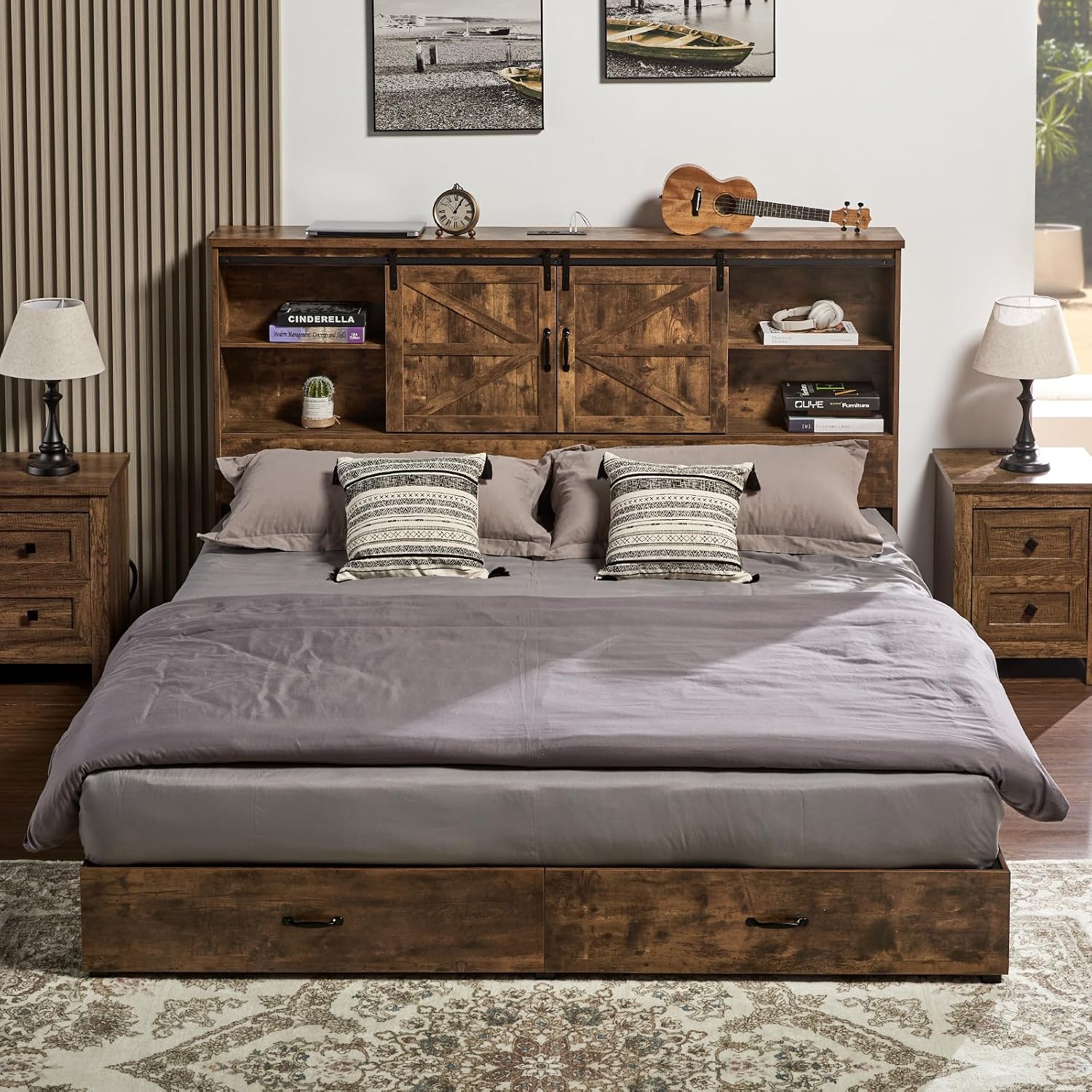 VanAcc Queen Size Bed Frame, Wooden Platform Storage Bed with 51.2' Bookcase Headboard, 2 Drawers, Charging Station/No Box Spring Needed/Noise Free(Rustic Brown)