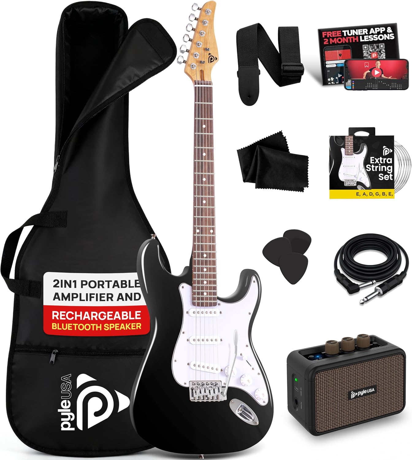 Pyle Electric Guitar and Amp Kit - Full Size 39' Complete Starter Kit with Wearable Bluetooth Amplifier, 1/4' Cable, Carry Case, Strap, Strings, Picks, Cleaning Cloth, ST-Style Pickups (Black)