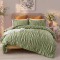 Bedbay Ruched Comforter Set King Size,100% Cotton Boho Bedding Set,Avocado Green Cinched Fluffy Comforter for Bedroom,3 Pcs Vintage Ruffle Bedding Aesthetic Room Decor for All Seasons