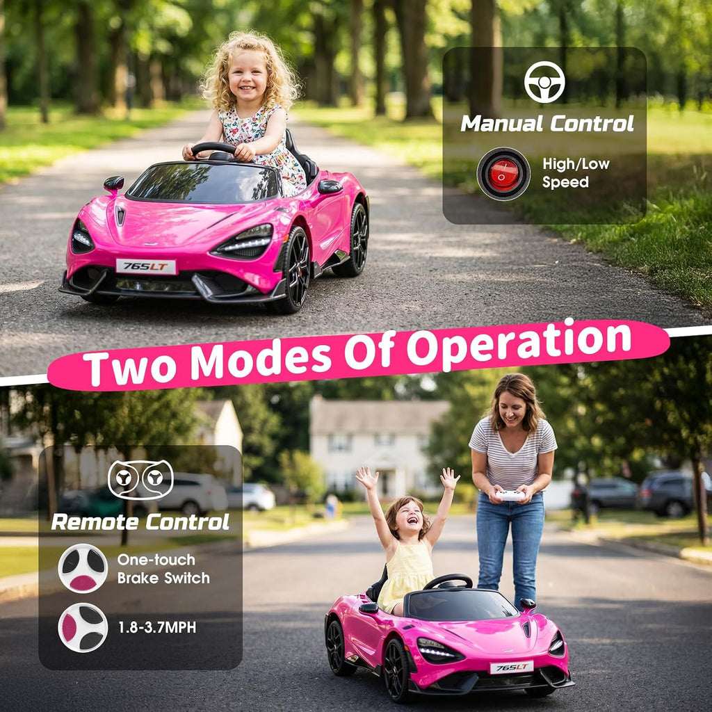 Kids Ride-on Car Licensed McLaren765LT for 3-6Years Old, Electric car 12V Battery Powered Electric Vehicle, w/Parent Remote, Music Player, LED Lights, Smooth Start, 3 Speeds, Pink