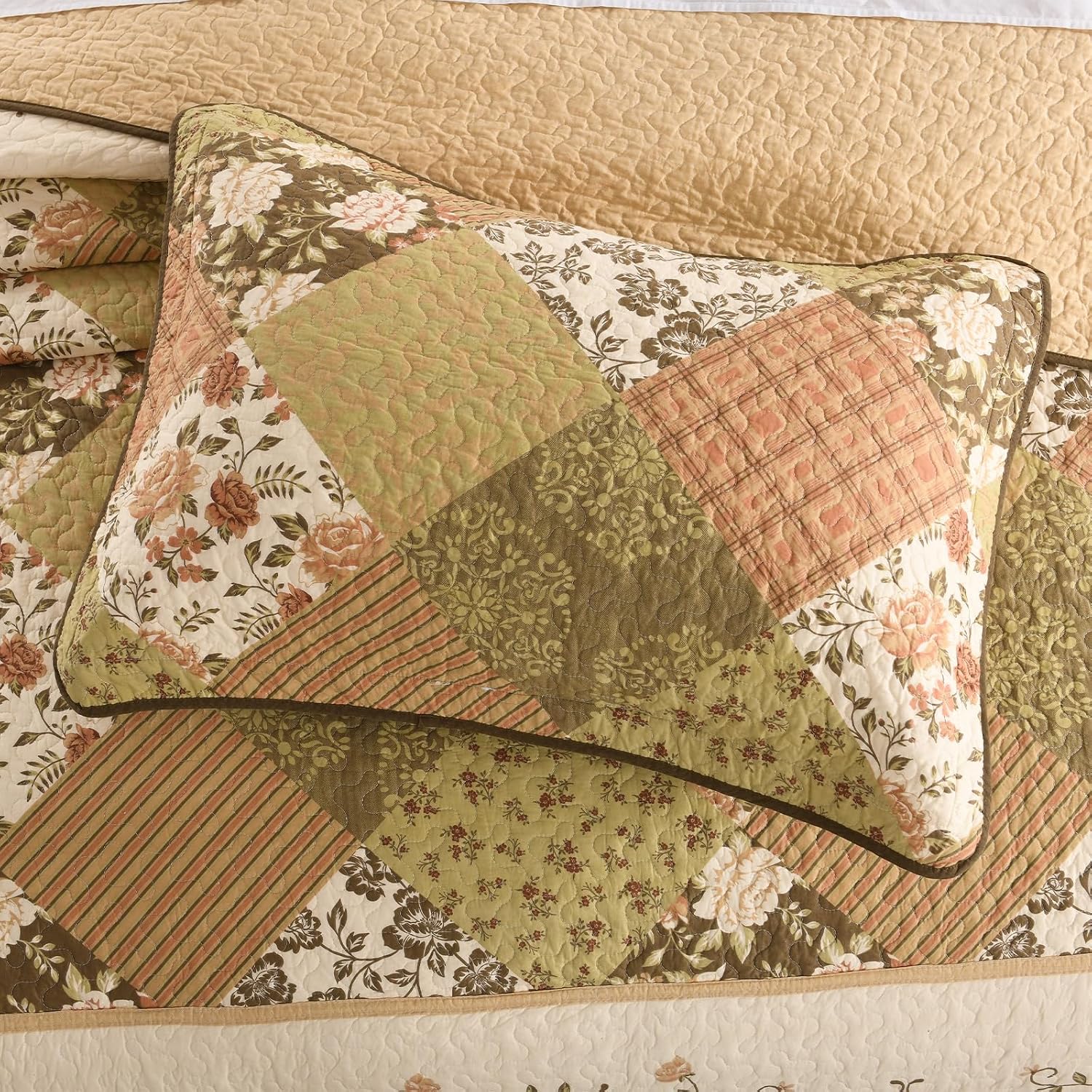 Floral Bedspread 120'x120' Oversized King Bedspread, 100% Cotton California King Quilt with 2 Pillow Shams, Lightweight Farmhouse Quilted Bedspreads Coverlet Set, Brown, 3 Pcs