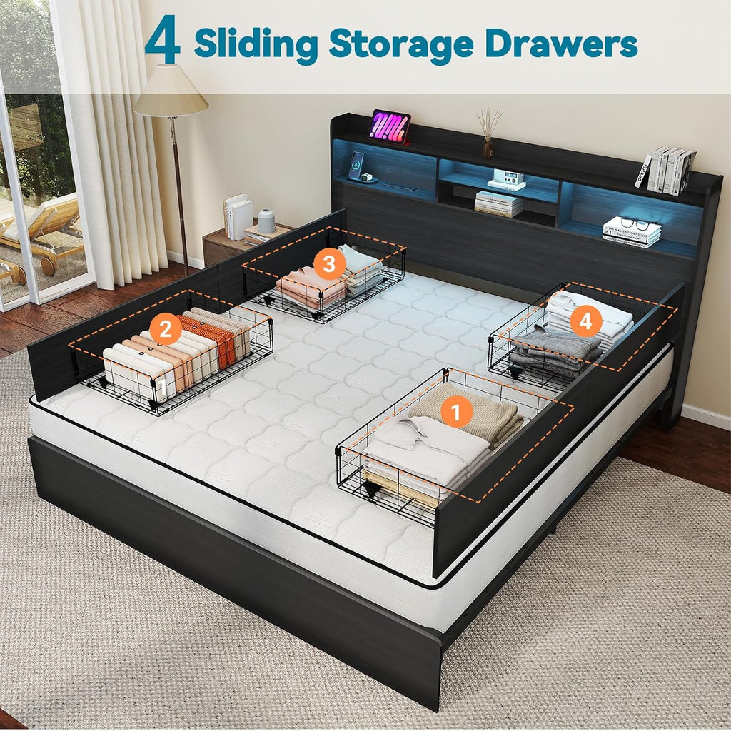 Kiivakii Full Size Bed Frame with 4 Storage Drawers, LED Headboard with Charging Station, Metal Bed Frames, No Box Spring Needed, Noise Free, Stable and Solid, Black