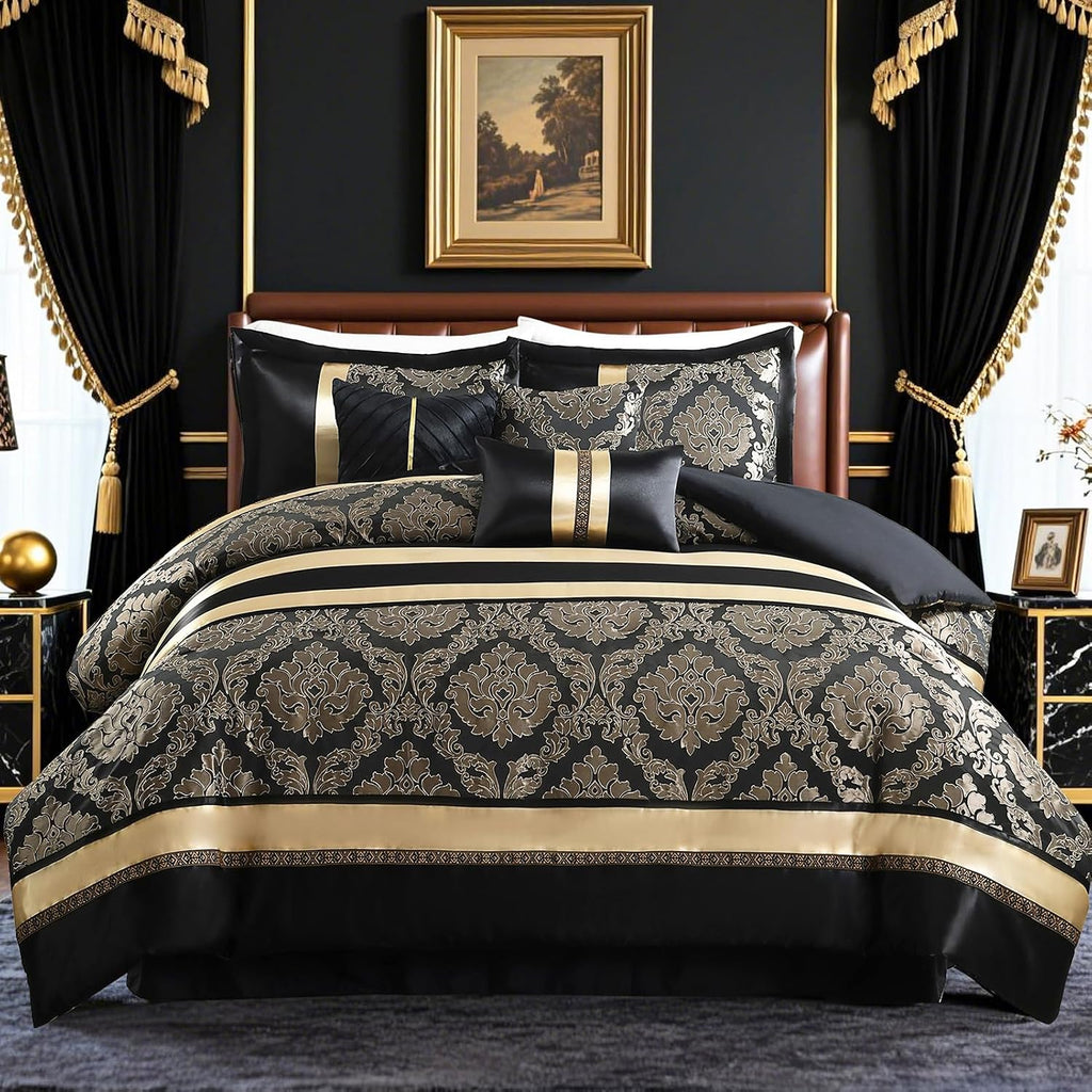 PANGUSHAN 7 Pieces Comforter Set Queen Size, Luxury Silky Elegant Jacquard Fluffy Reversible Bedding Set with Bed Skirt, Shams and Pillows, Bed in a Bag Queen, Down Alternative, Black/Gold