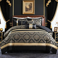 PANGUSHAN 7 Pieces Comforter Set Queen Size, Luxury Silky Elegant Jacquard Fluffy Reversible Bedding Set with Bed Skirt, Shams and Pillows, Bed in a Bag Queen, Down Alternative, Black/Gold