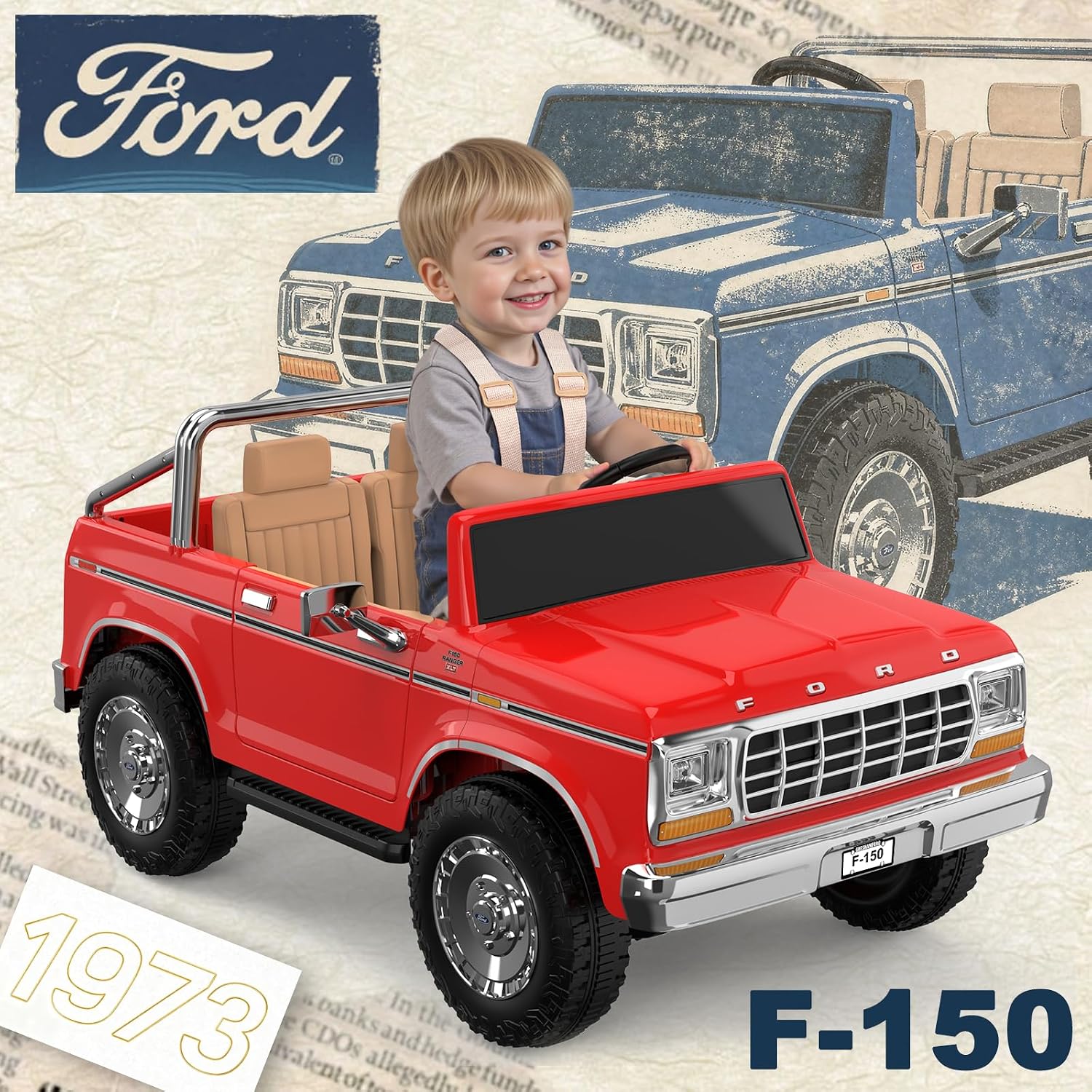 ANPABO Licensed Ford F-150 24V 2 Seater Ride on Car for Kids, 4x100W Motors for All-Terrain Electric Car w/Parental Remote, Retro Style, 3-Speeds, Large Storage Box, Music Player (Red-Orange)