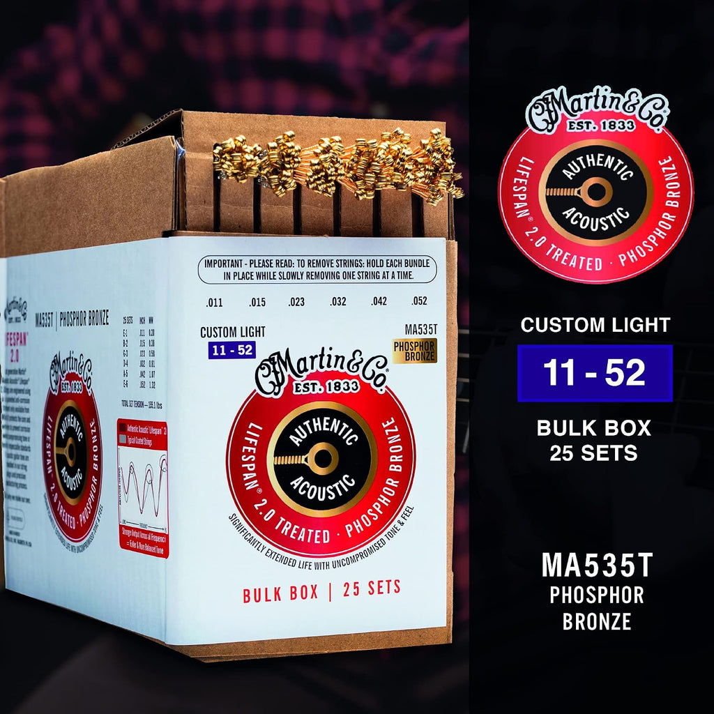 Martin Authentic Acoustic® Lifespan® 2.0 Guitar Strings – Phosphor Bronze, Custom Light Gauge, Bulk Box (25 Sets) |Bulk Box for Acoustic Guitar Players, Techs & Repair Shops