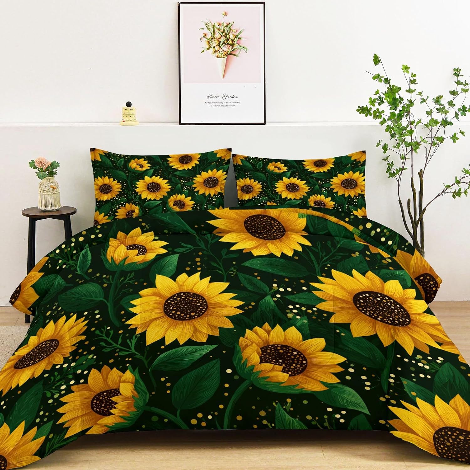 Comforter Set King with 2 Pillowcase, Hand Drawn Sunflower Petals 3 Pcs Quilted Bedding for Kids and Adults, Soft Fluffy Breathable Microfiber Dark Green Comforter for Bedroom Decor