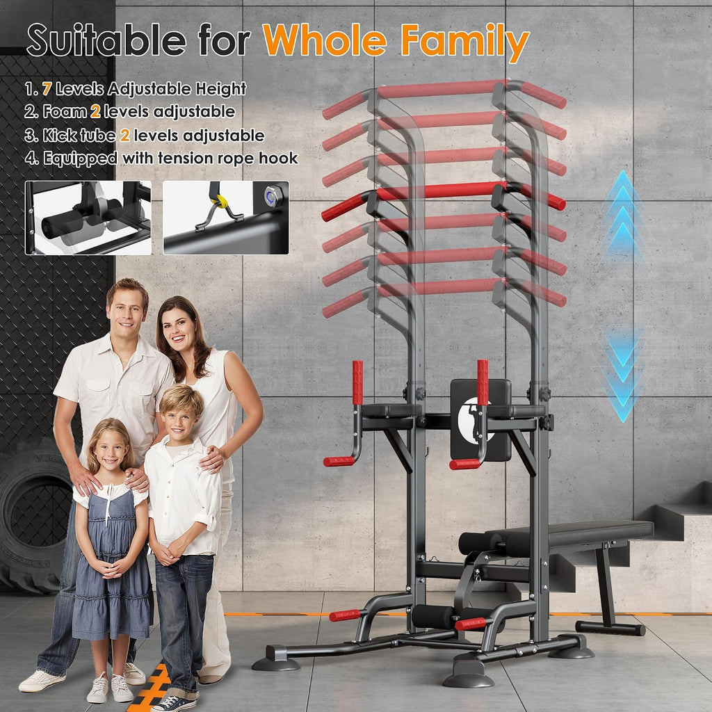 soges Pull Up Bar Dip Station, Power Tower with Folding Dumbbell Bench & Backrest, Adjustable Height Pull Up Bar Stand, Multi-Function Home Gym Strength Training Fitness Equipment 330LBS