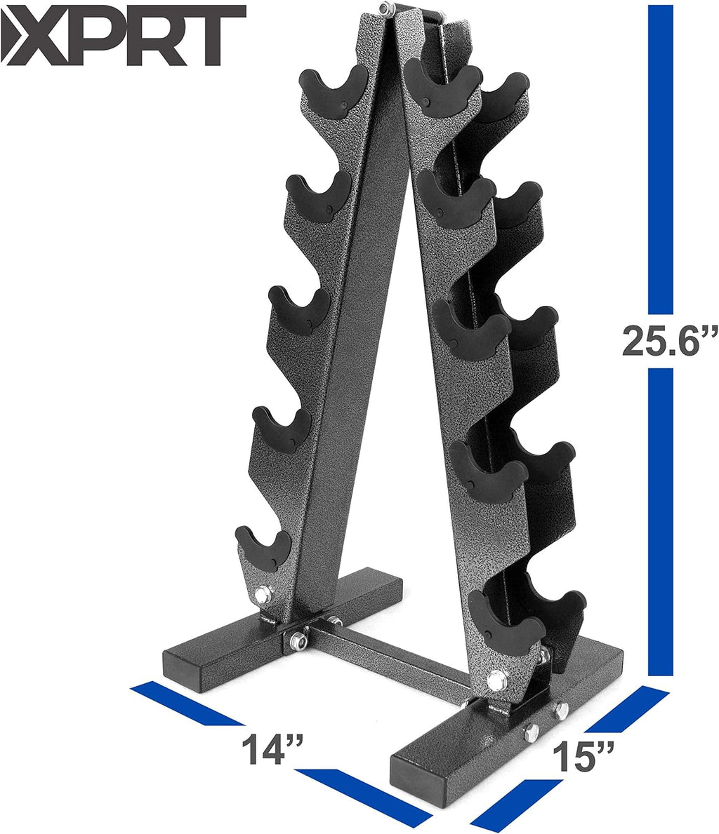 XPRT Fitness 150 lb Rubber Coated Dumbbell Set With Storage Rack (5/10/15/25/25lb Pair of Each)