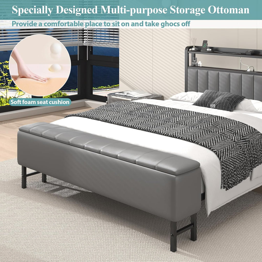 Queen Size Bed Frame with Star Projector & Charging Station, PU Leather Upholstered Platform with 2-Tier Storage Headboard & Storage Ottoman, Metal Support, Noise-Free, No Box Spring Needed, Grey