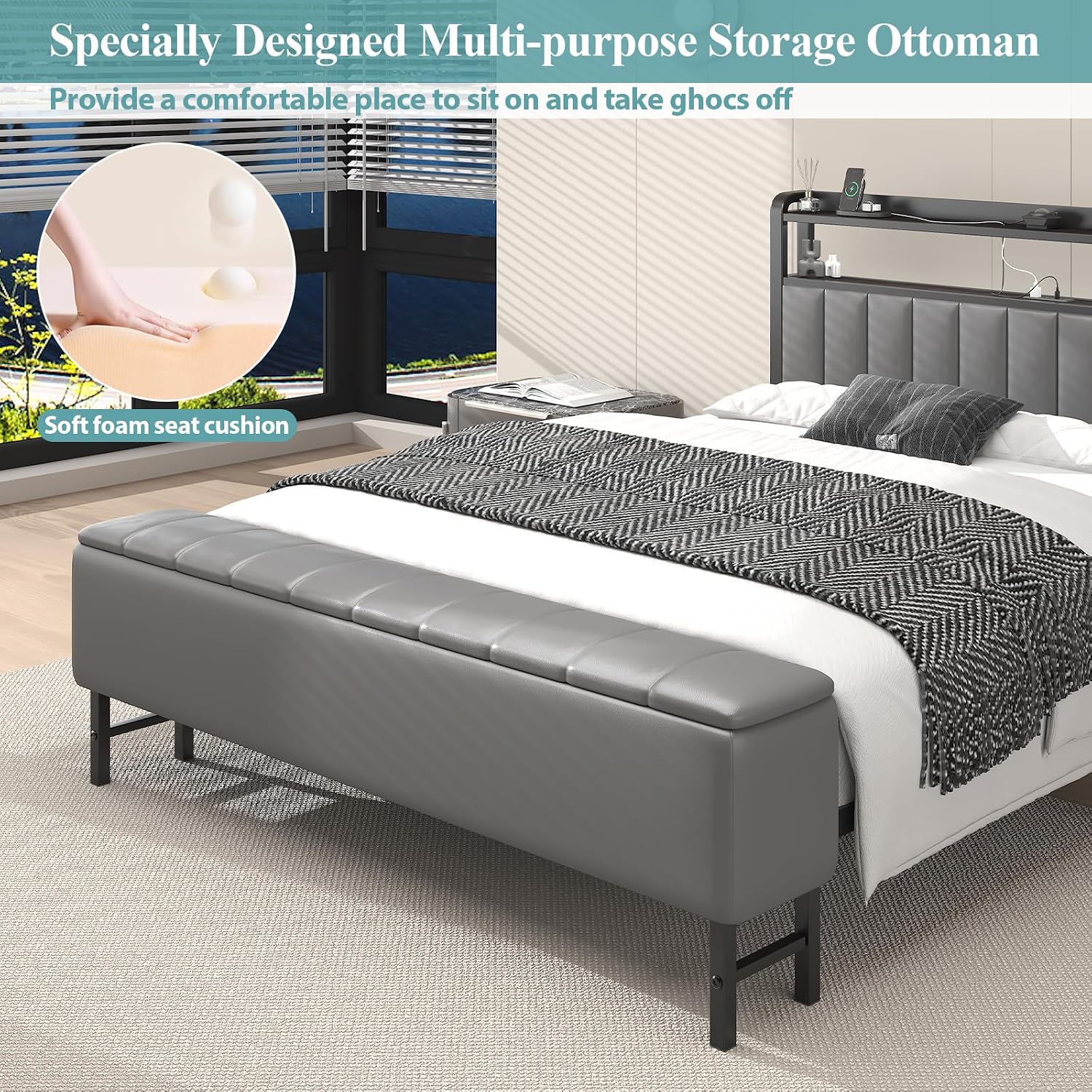 Full Size Bed Frame with Star Projector & Charging Station, PU Leather Upholstered Platform with 2-Tier Storage Headboard & Storage Ottoman, Metal Support, Noise-Free, No Box Spring Needed, Grey