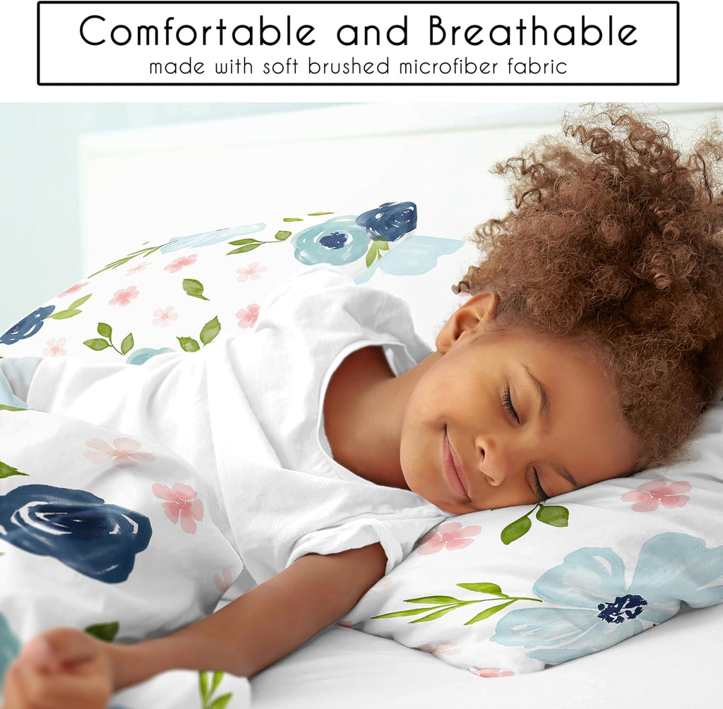 Sweet Jojo Designs Navy Blue and Pink Watercolor Floral Girl Full/Queen Size Kid Childrens Bedding Comforter Set - 3 Pieces - Blush, Green and White Shabby Chic Rose Flower