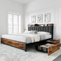 GAOMON King Size Bed Frame with Storage Linen Upholstered Headboard, 4 Drawers Platform Bed Frame with Charging Station, No Box Spring Needed, Easy Assembly, Vintage Brown