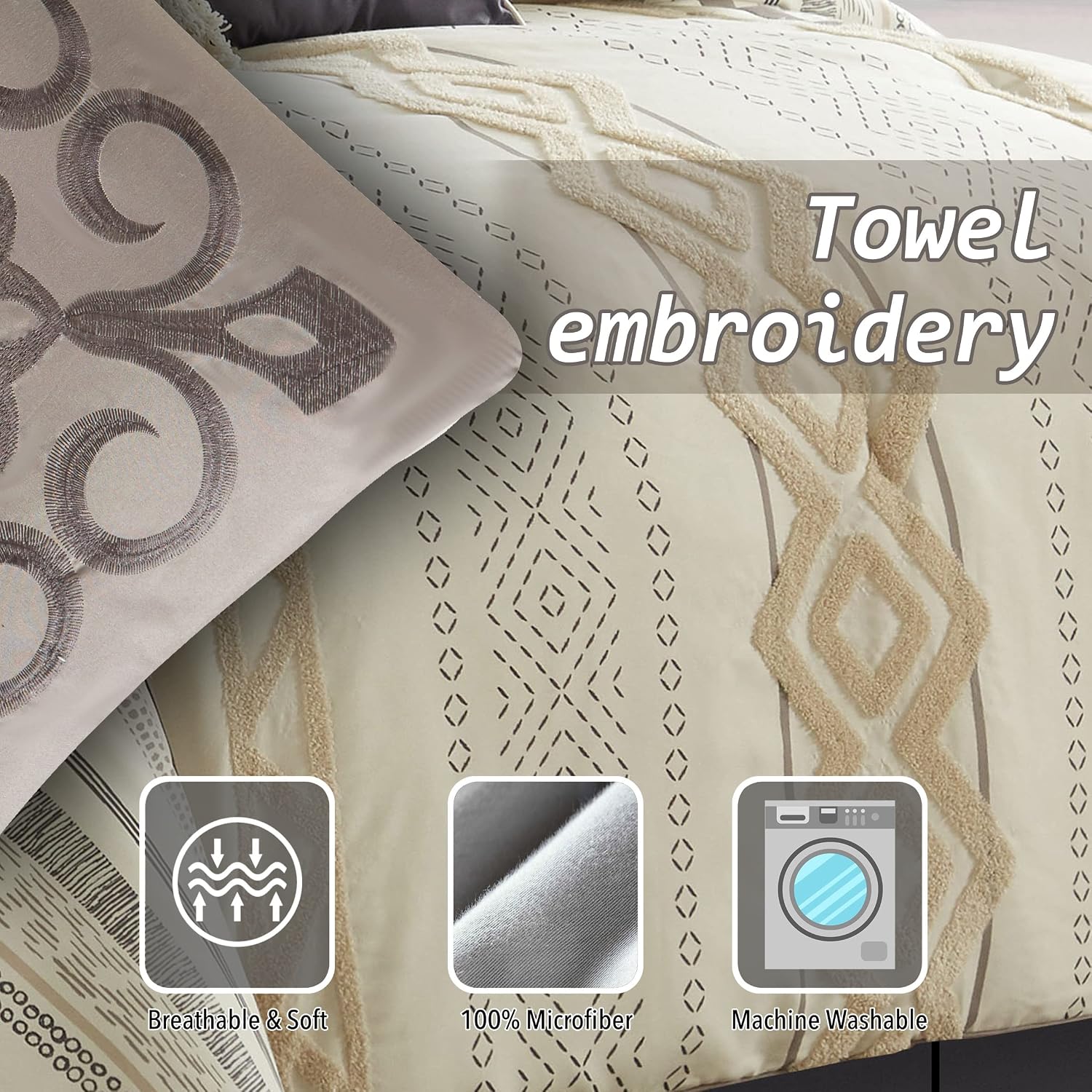 Stratford Park Beige/Ivory Boho Geometric California King Comforter Set, 7 Piece, Print & Terry Embroidery Home Decor, Premium Lightweight Microfiber