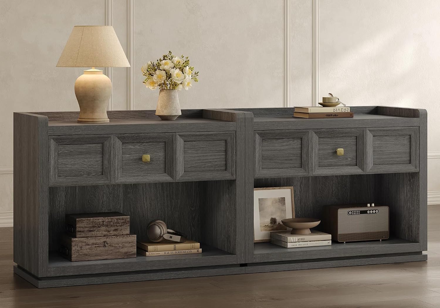 SICOTAS 31' Wide Nightstands Set of 2, Large Night Stands with Drawer, Oversized King Size Nightstand Bedside Table for Bedroom, Farmhouse End Side Table Set of 2 (Dark Grey Oak, 31-Inch)