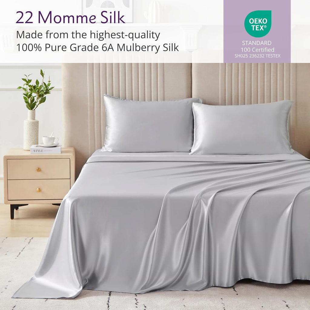Mulberry Park 100% Pure Cal King Silk Sheet Set 4 Pcs - 22 Momme 6A Mulberry Silk Bed Sheets with 17' Deep Pocket - Breathable, Ultra-Soft, Oeko-TEX Certified, Seamless - Silver