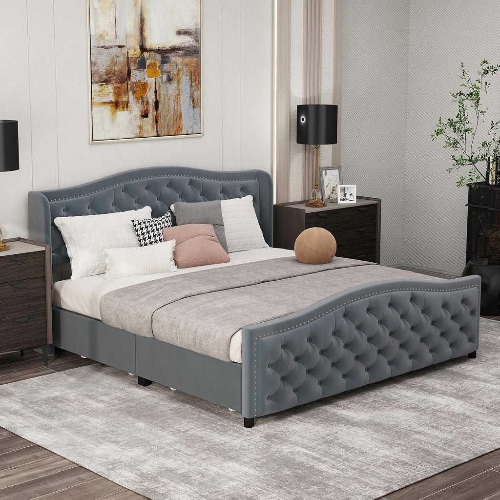 CANMOV King Size Upholstered Bed Frame with 4 Storage Drawers,Comfortable Fabric Platform Bed Frame with Wingback Headboard & Footboard,Wooden Slats Support,No Box Spring Needed,Dark Grey