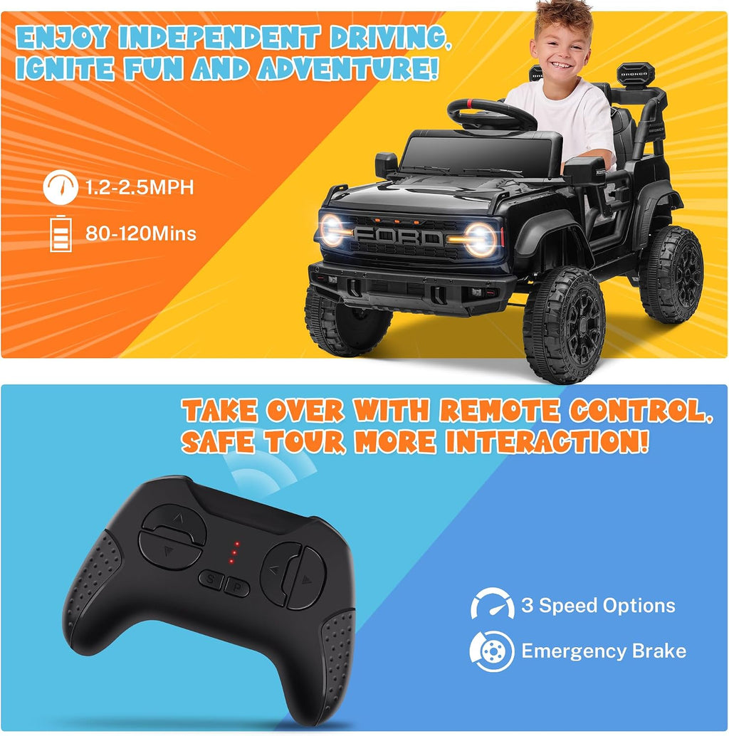 ENYOPRO 12V Licensed Ford Bronco Raptor Ride on Car for Kids, Battery Powered Electric Car for Toddlers w/Remote Control, Spring Suspension, Seat Belt, Bluetooth, Horn, LED Lights, Radio (Black)