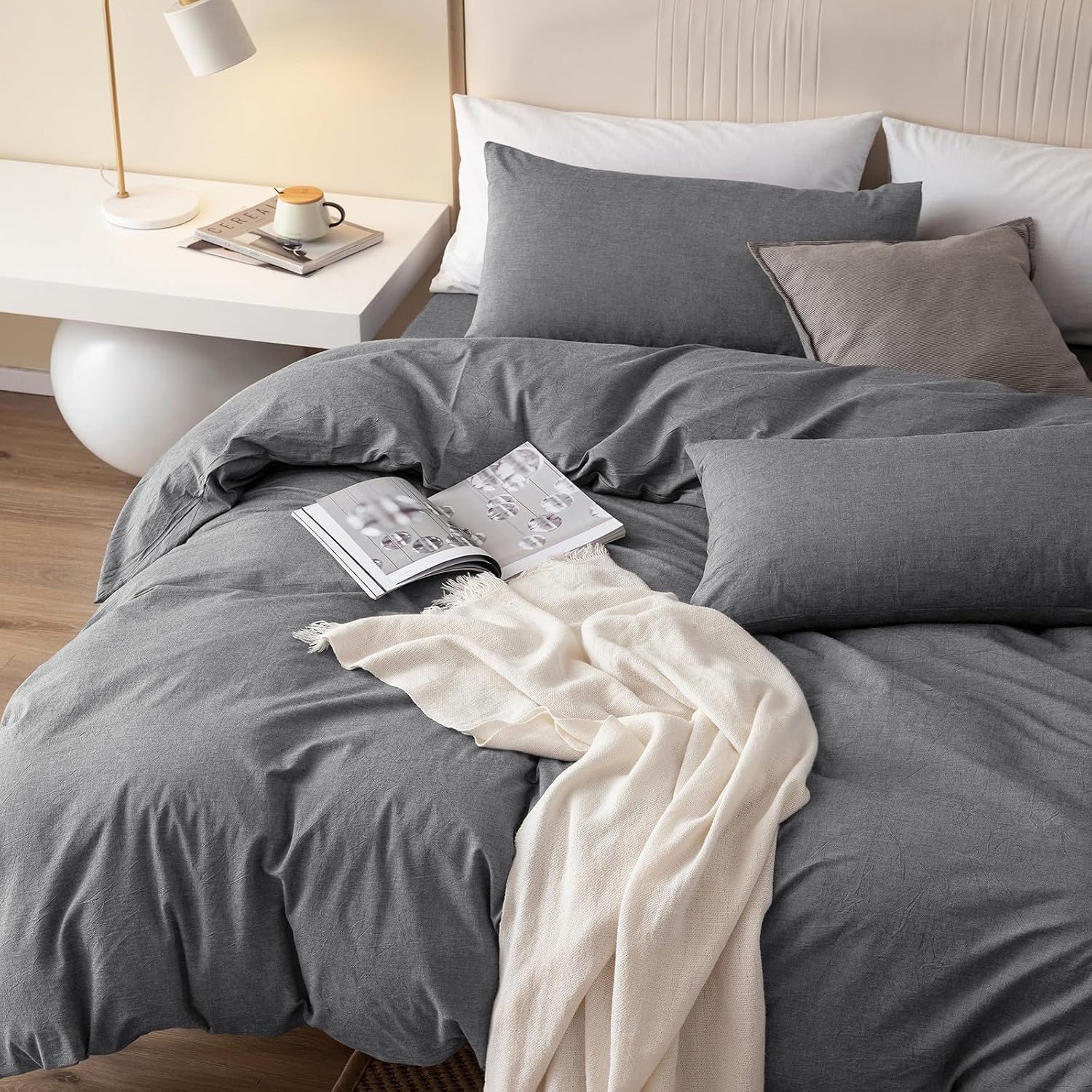 JIYUAN Alaska King Duvet Cover Set, 3-Piece - 100% Washed Cotton, Linen-Like Soft & Breathable with Zipper Closure, Includes 132x120 Inch Cover & 2 Pillowcases, Heathered Dark Grey