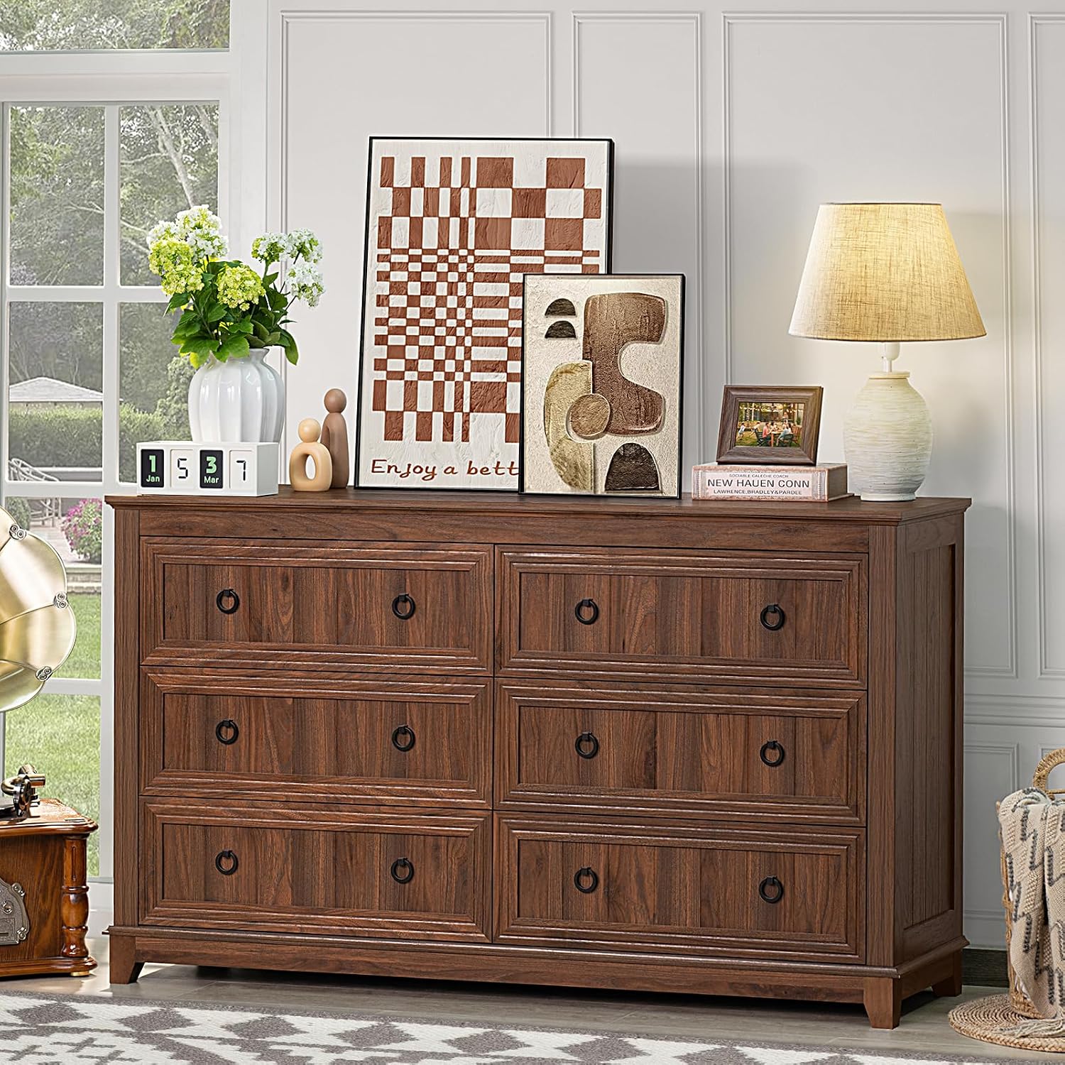 Joaxswe Farmhouse Furniture Set, Nightstands with Charging Station and 6 Drawers Dresser for Bedroom, 54 Inch Wide Wood Dresser and 18' Night Stands for Bedroom, Living Room, Hallway