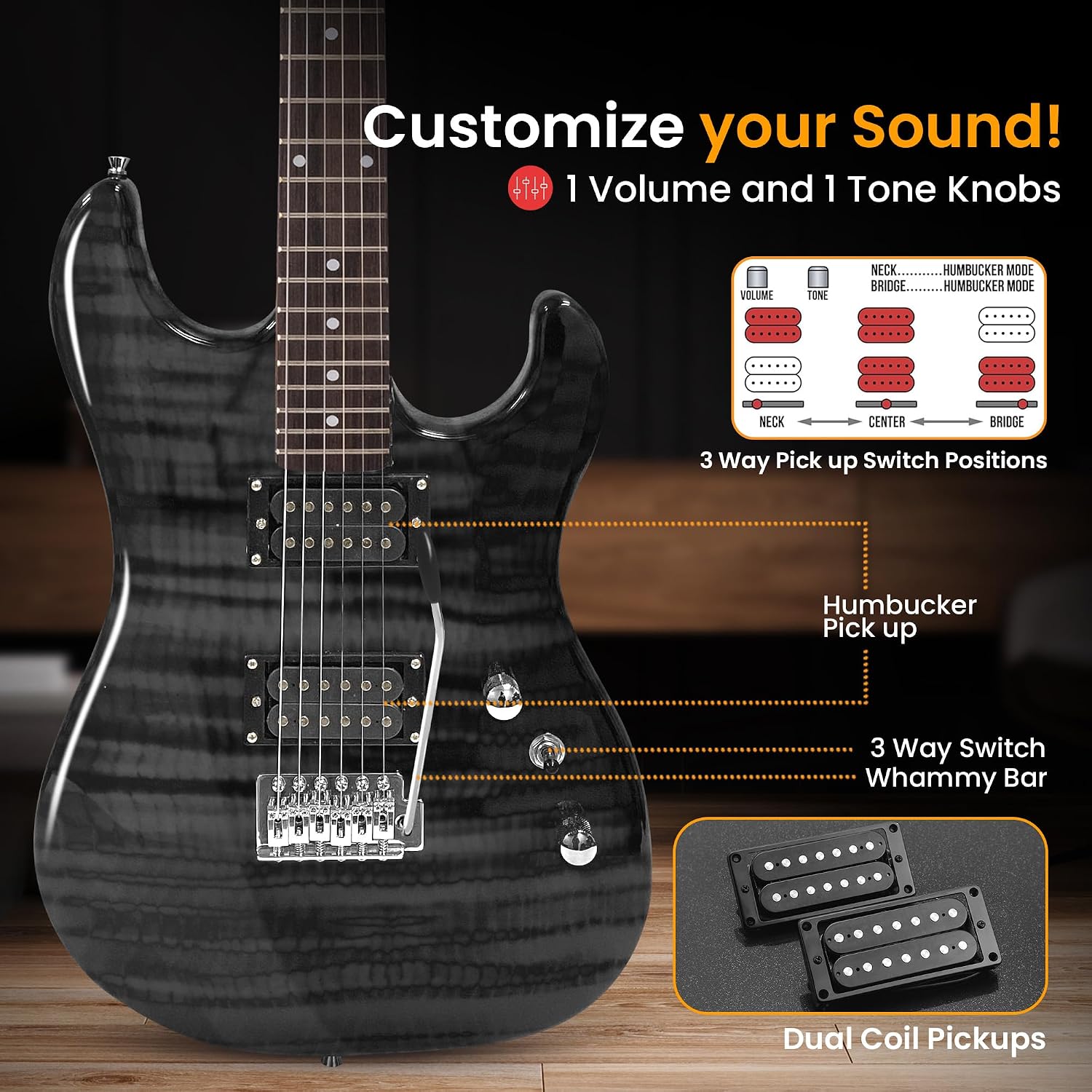 Pyle Electric Guitar Kit with Amp, Full Size Instrument with Humbucker Pickups, Guitarra Electrica Amplifier and Beginner Bundle Accessories, 39' Black