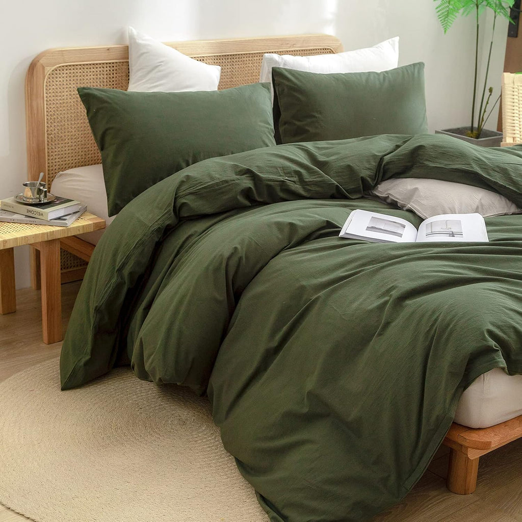 BESTOUCH Duvet Cover Set 100% Washed Cotton Linen Feel Super Soft Comfortable Chic Lightweight 3 PCs Home Bedding Set Solid Olive Green Super King Plus