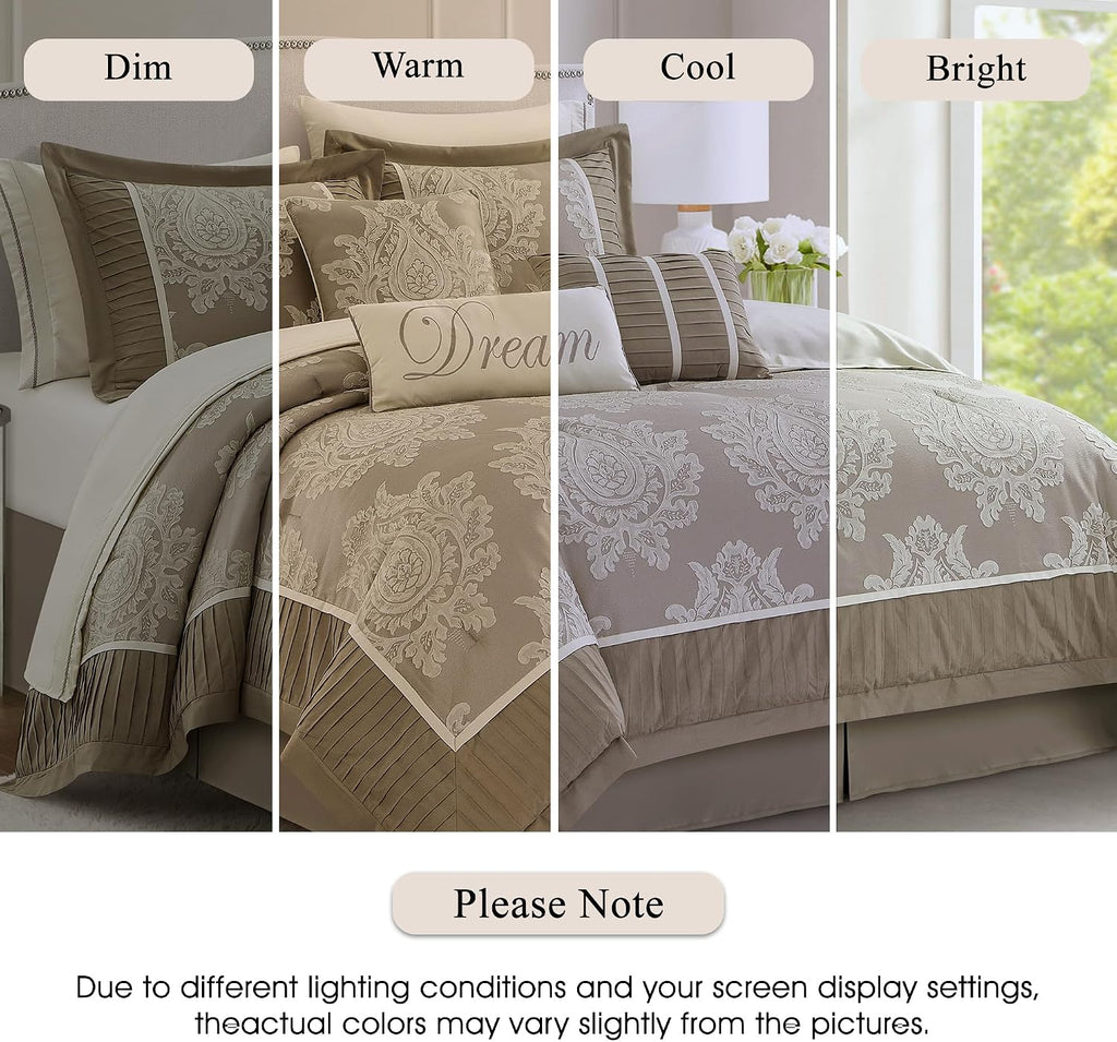 Stratford Park Beige Comforter Set King, 15 Pieces Room in a Bag, Elegant Patchwork Damask Jacquard Bedding Set, Matching Bedskirt, Flat Sheet, Fitted Sheet, Pillow Shams, Curtains