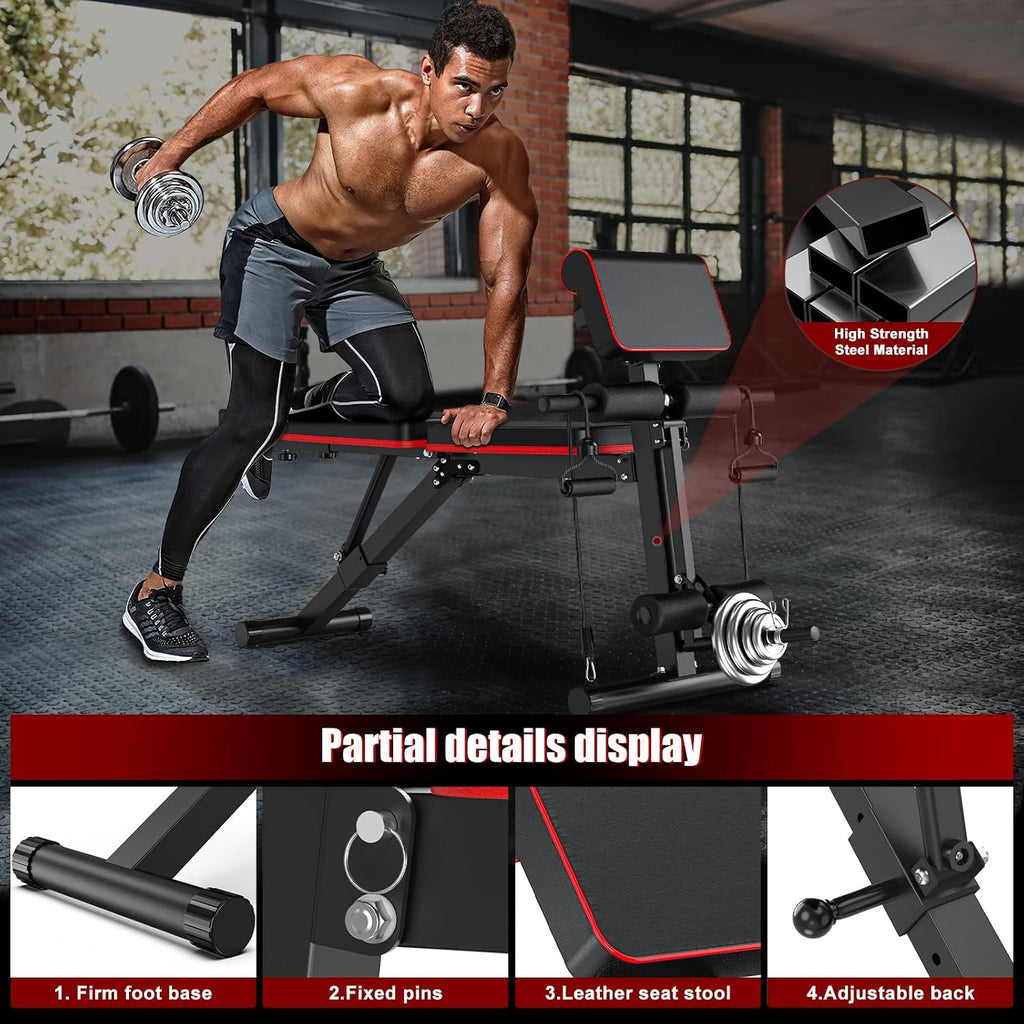XDDIAS Adjustable Weight Bench, Workout Bench with Leg Extension and Preacher Curl Pad, Weight Bench for Home Gym, Foldable Exercise Bench, Quick Adjustment Incline Bench Press